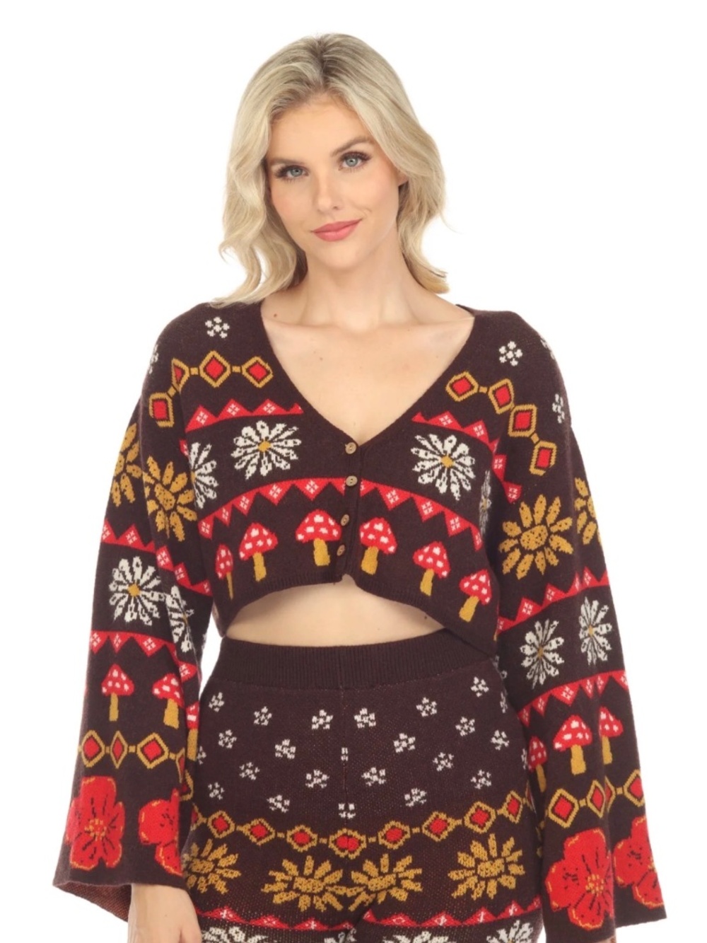 Lakhays Fair Isle Mushroom Crop Cardigan in Espresso, size S/M